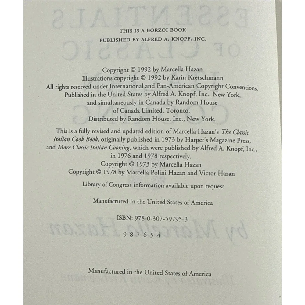 Marcella Hazan Essentials of Classic‎ Italian Cooking 1992 HC DJ Cookbook